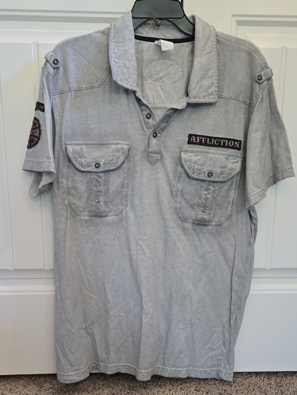 Affliction Men’s Distressed Light Gray Short Sleeve Polo with Chest Pockets